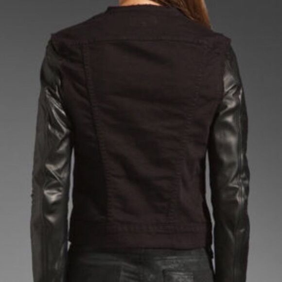 J Brand Blackened Leather Sleeve Denim Jacket in NOIR RED - Picture 2 of 7